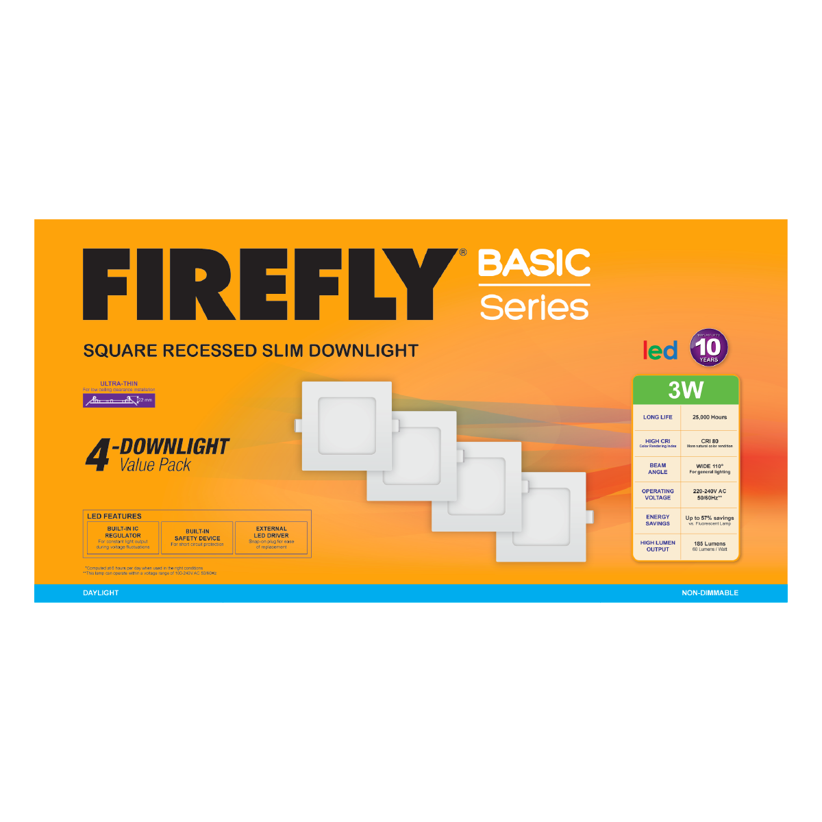 Firefly Basic Series 4-LED Square Recessed Slim Downlight Value Pack