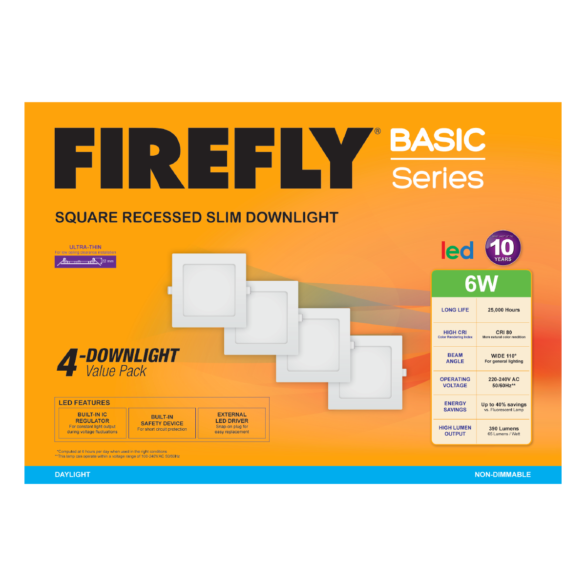 Firefly Basic Series 4-LED Square Recessed Slim Downlight Value Pack