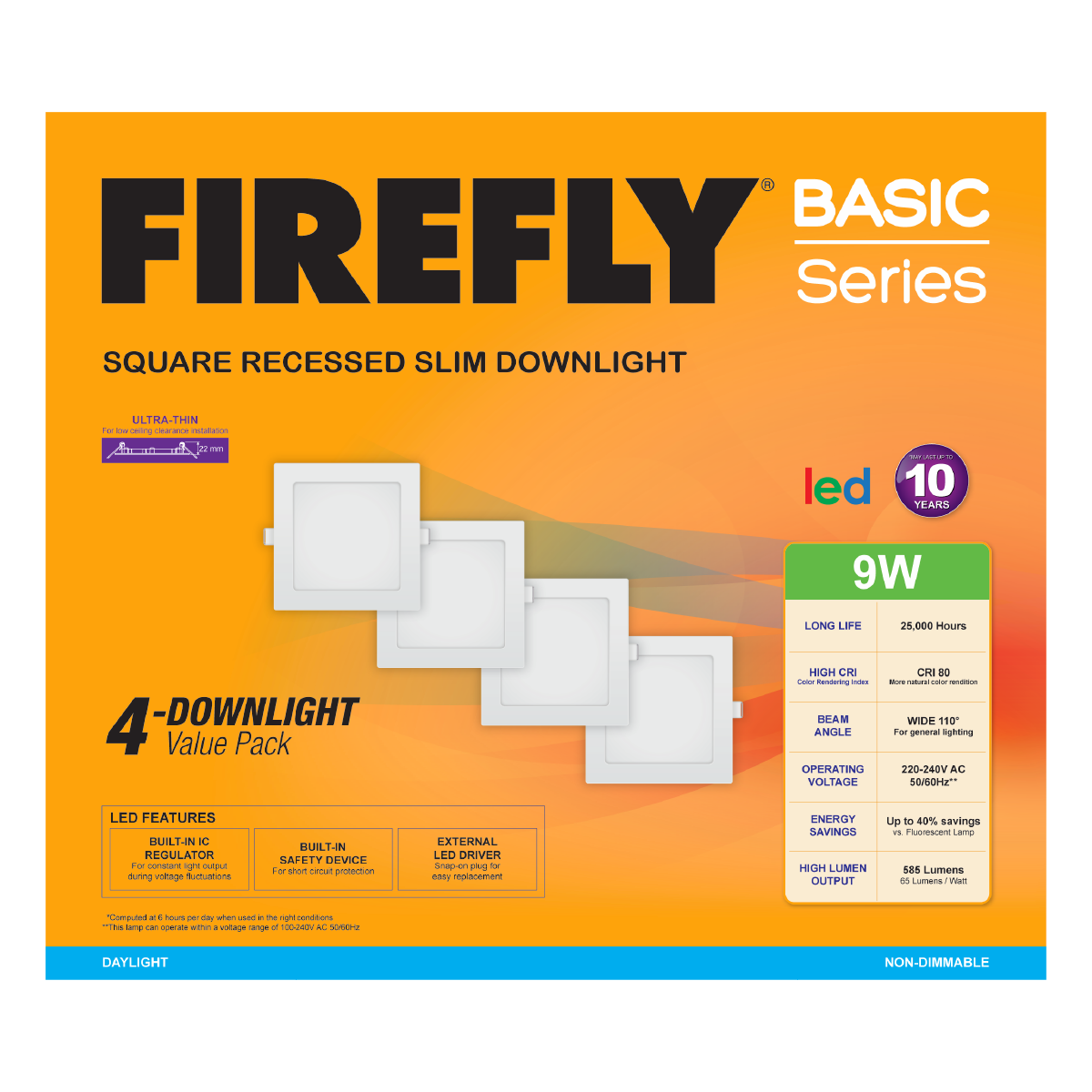 Firefly Basic Series 4-LED Square Recessed Slim Downlight Value Pack