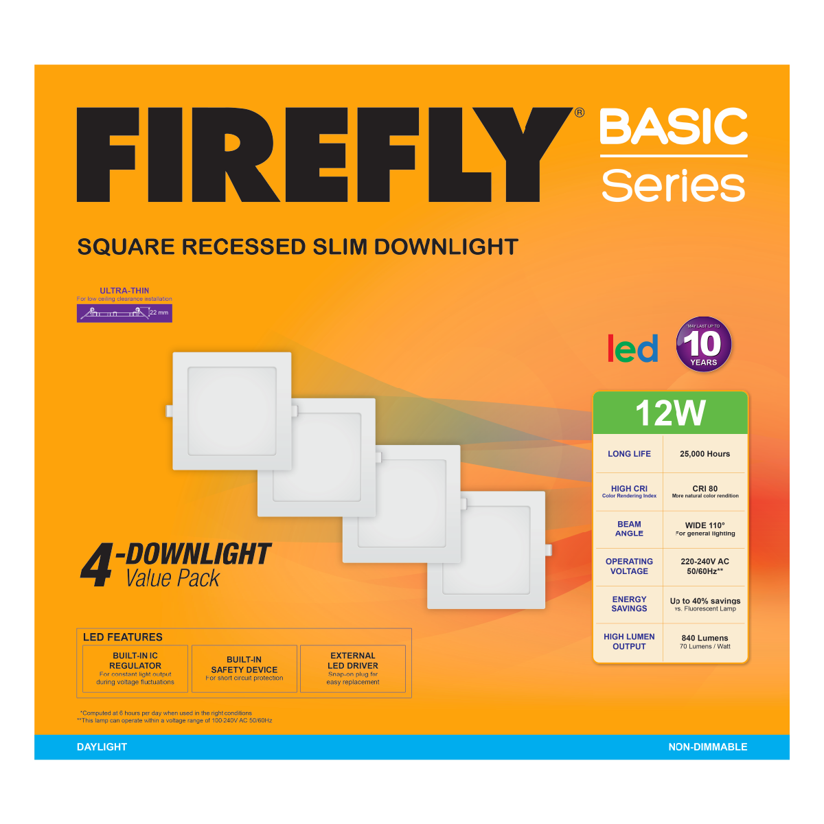 Firefly Basic Series 4-LED Square Recessed Slim Downlight Value Pack